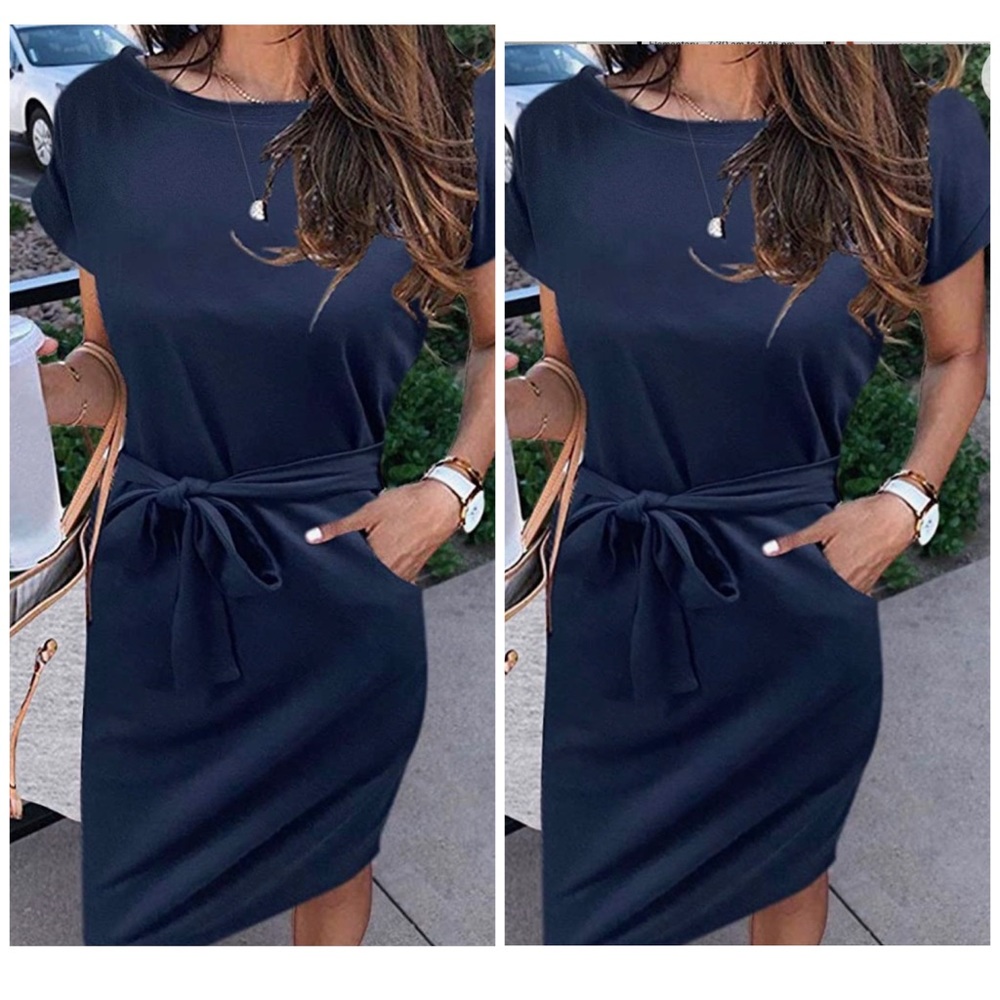 MEROKEETY Summer T Shirt Dress Casual Tie Waist Midi Dress